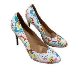 Aachcol White Paint Splatter Pumps Colorful Heels Art Style US 11